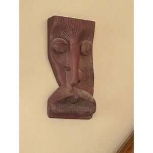 Vintage Hand Carved Wood Mask Mary Cuba Folk Art Wall Hanging Red Brown Decor